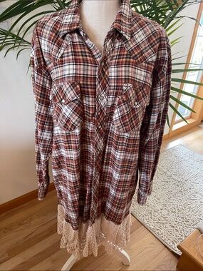 Vintage 316 Plaid Shirt Dress or Tunic top in Brown, Cream & Rust